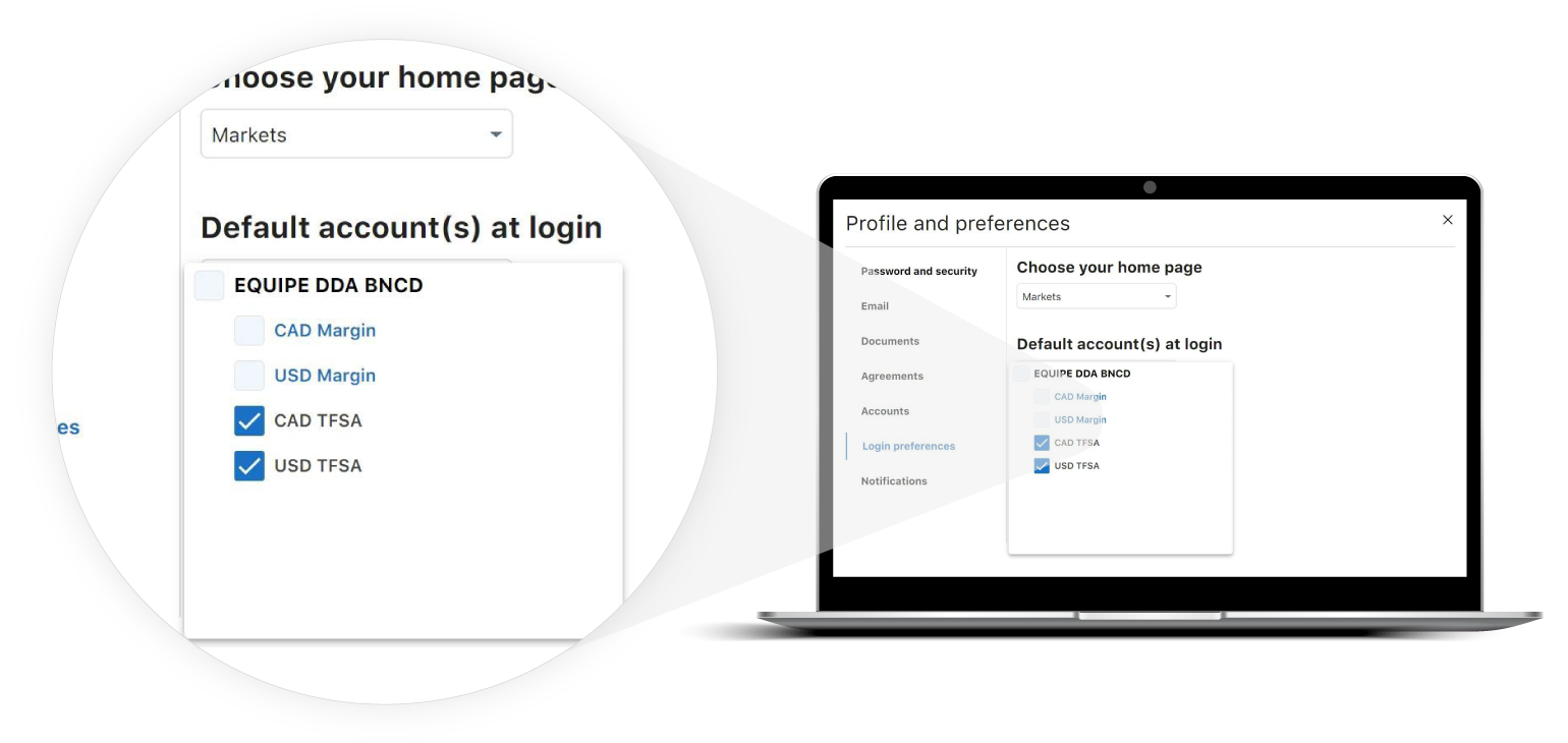 The image shows a laptop screen displaying a user interface for selecting a preferred account profile