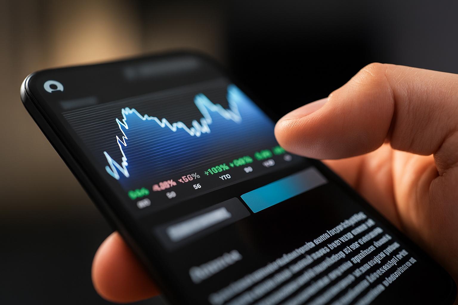 Phone held in one hand displayong a stock chart.