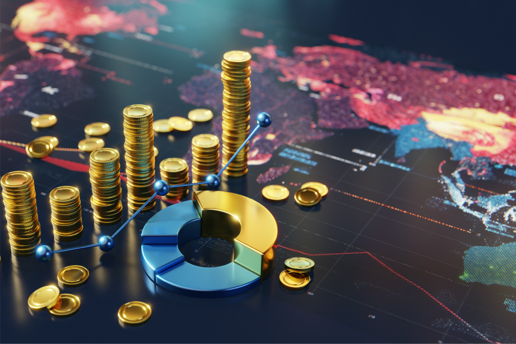 Global financial trends illustrated through coins, charts, and a world map visualization