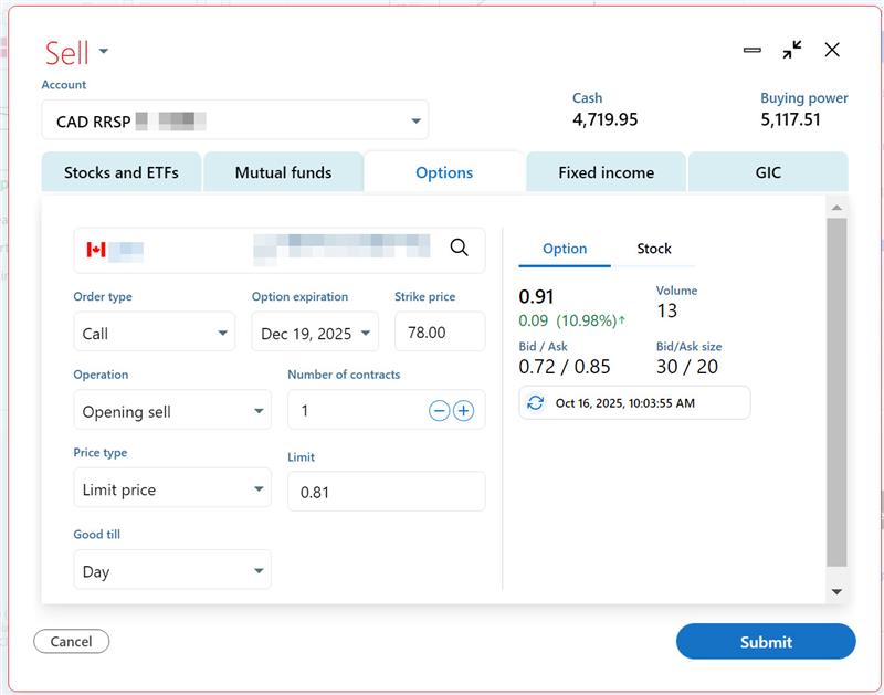 Transactional ticket for options on the NBDB platform