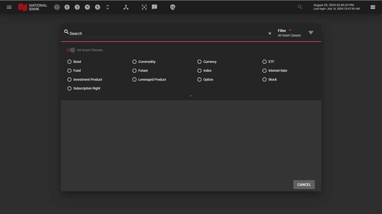 Image of the filter options from the tool My Investment Dashboard