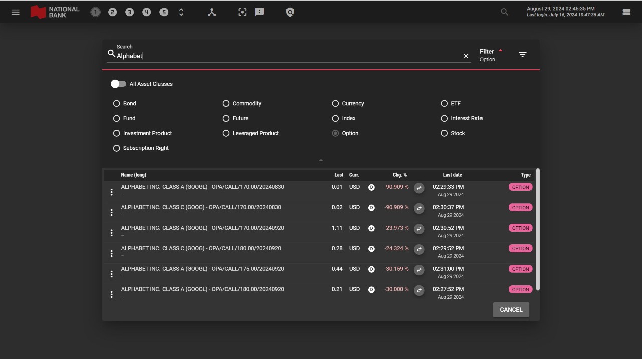 Image of the options related to a security from the tool My Investment Dashboard