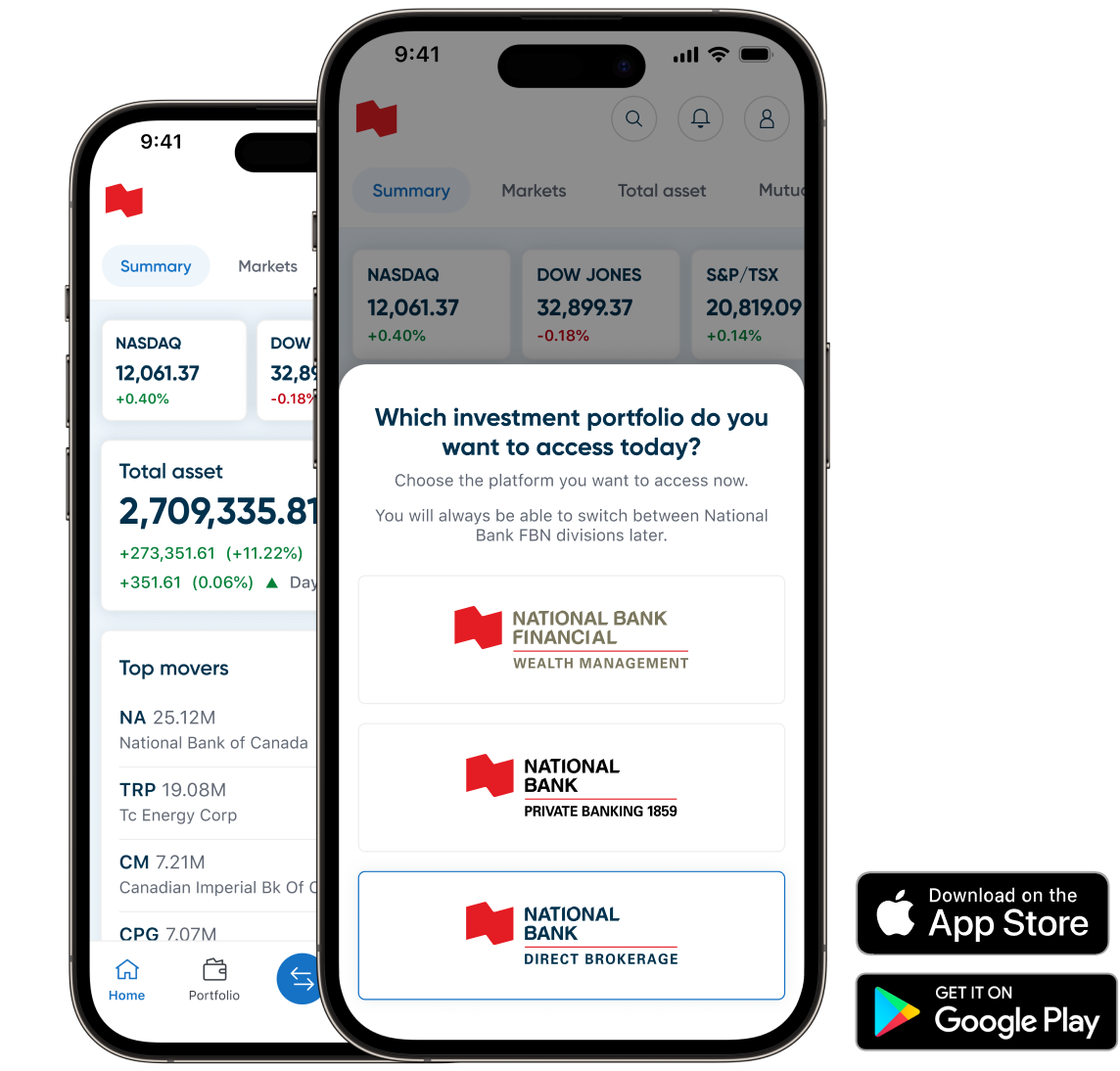 Illustration of two mobile phones displaying the NBC Wealth app and two download buttons